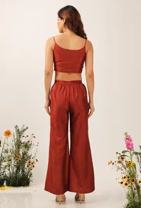 Set Of 3: Zoon Floral Chintz Front Open Shrug With Rust Strappy Blouse & Palazzo Pants image 3