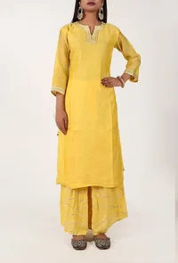 Set of 2 - Sunflower Yellow Pure Chanderi Kurta And Rayon Crepe Palazzo Set image 1