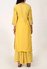 Set of 2 - Sunflower Yellow Pure Chanderi Kurta And Rayon Crepe Palazzo Set image 3
