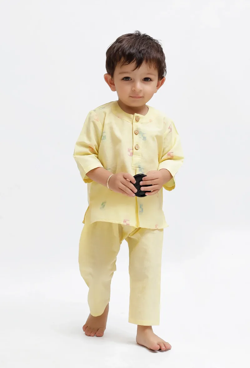 Set Of 2: Yellow Dobby Kurta and Yellow Pant