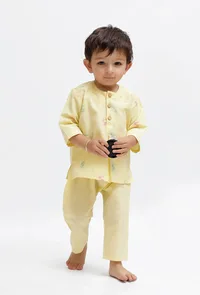 Set Of 2: Yellow Dobby Kurta and Yellow Pant image 1