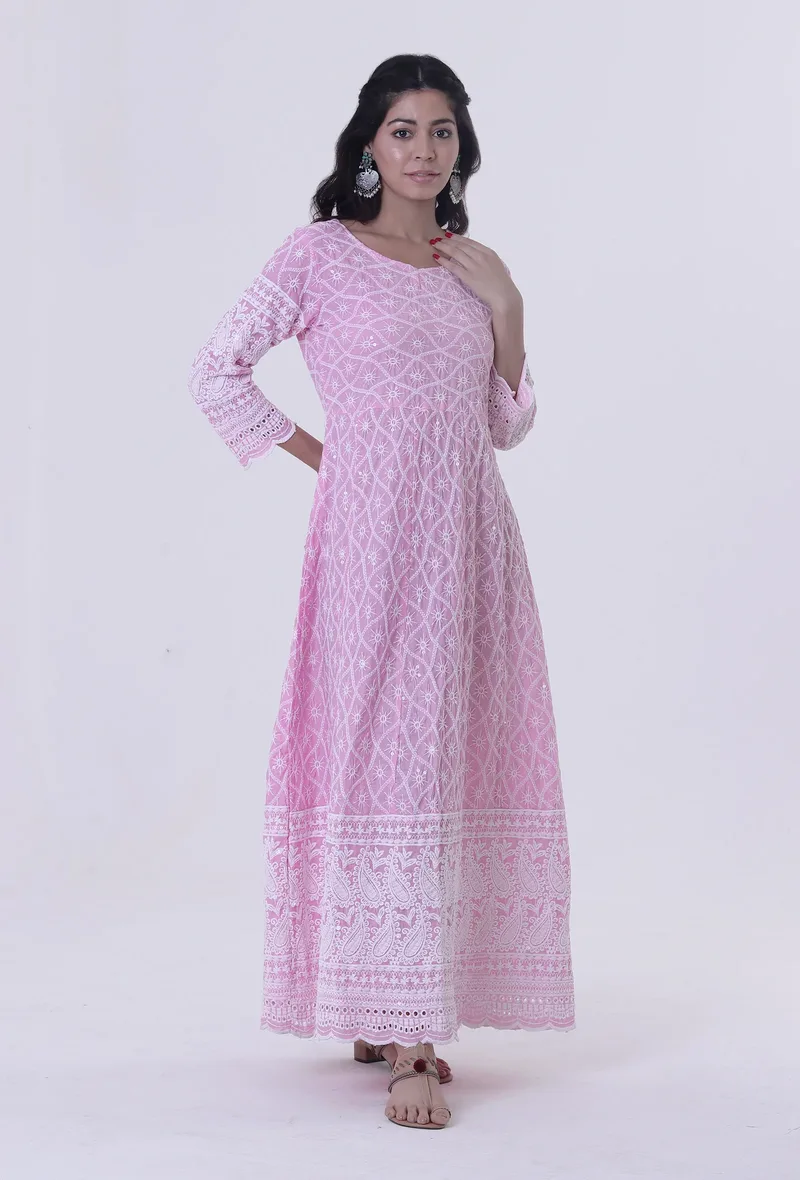 Pink Cotton Chikankari Kurta