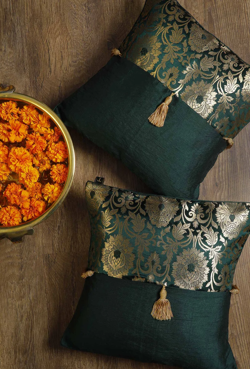 Set Of 2:Green Tassel Brocade Cushion Covers