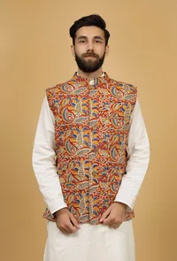 Scarlet Red and Yellow Floral Kalamkari Cotton Nehru Jacket image 2