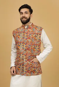 Scarlet Red and Yellow Floral Kalamkari Cotton Nehru Jacket image 3