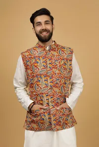 Scarlet Red and Yellow Floral Kalamkari Cotton Nehru Jacket image 4