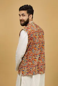 Scarlet Red and Yellow Floral Kalamkari Cotton Nehru Jacket image 5