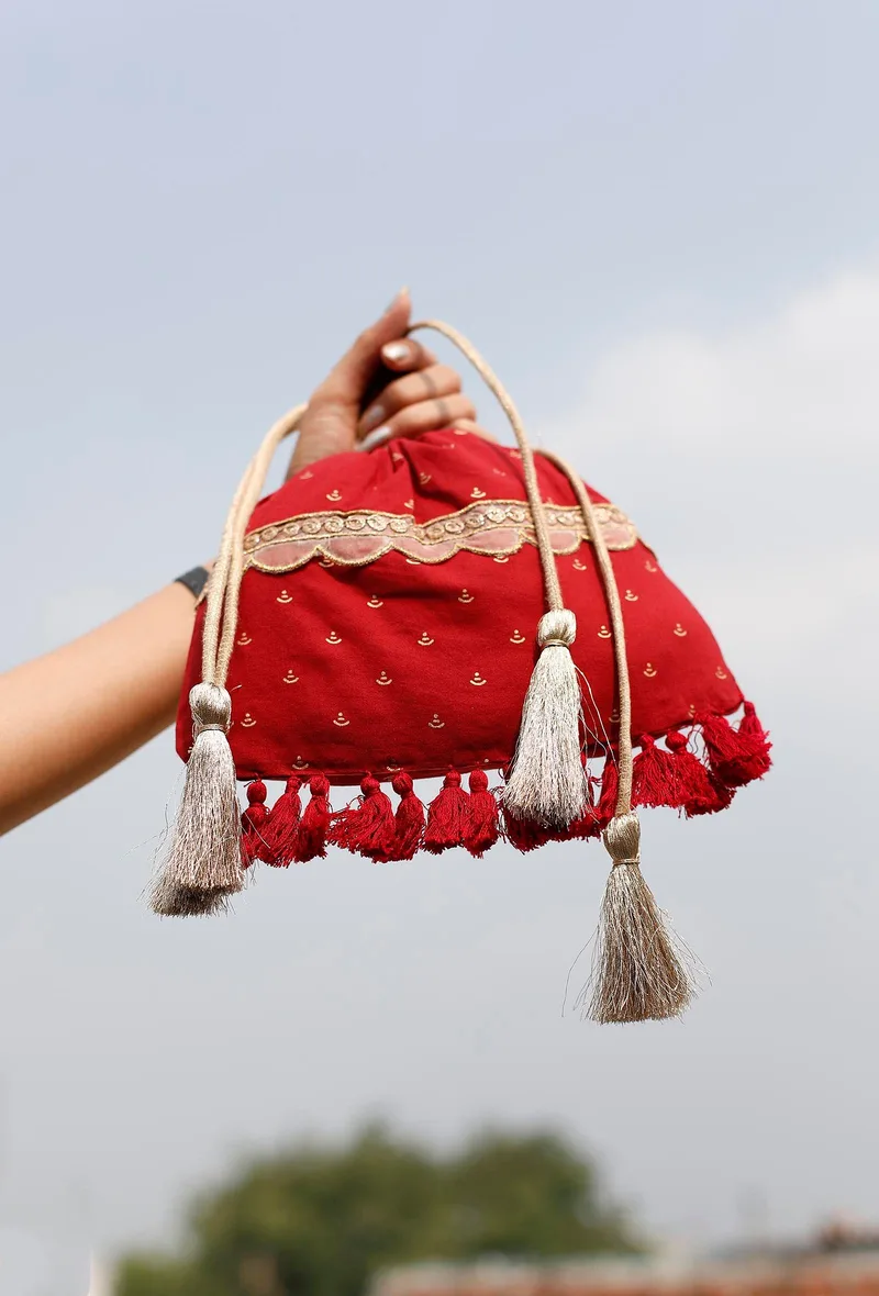 Sneh Crimson Red Block Print Cotton Potli Bag
