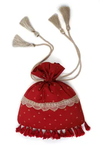 Sneh Crimson Red Block Print Cotton Potli Bag image 3