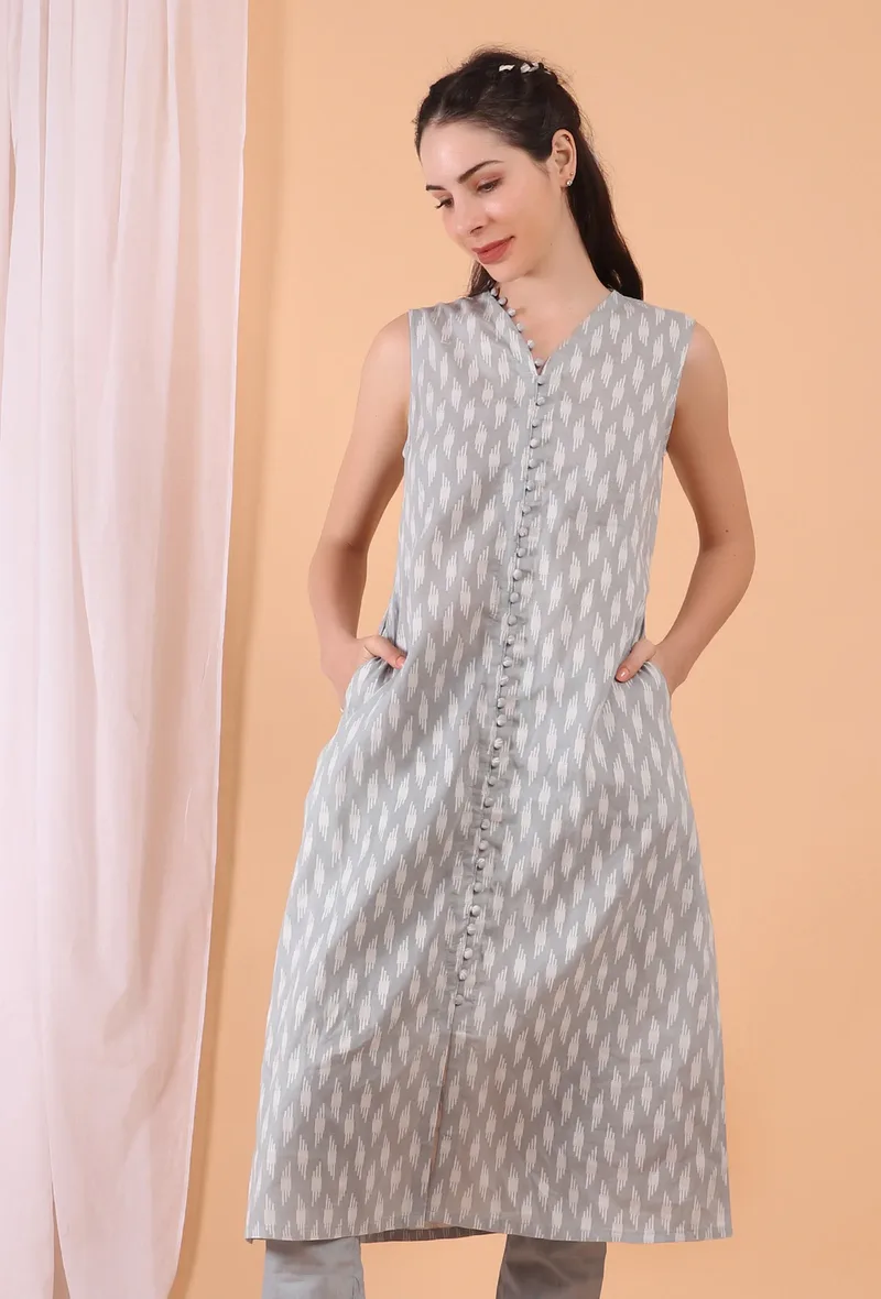 Cadet Blue Grey Cotton Woven Kalidar Kurta
