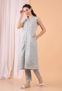 Cadet Blue Grey Cotton Woven Kalidar Kurta image 3