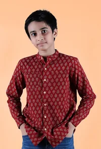 Aaron Madder Red Ajrakh Print Cotton Super Short Kurta image 1