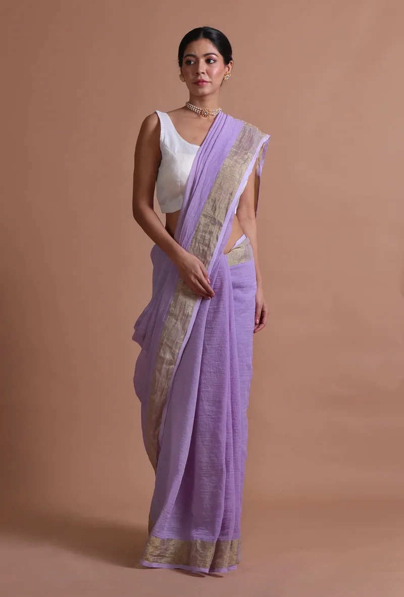 Light Purple Color Cotton Linen Saree With Unstitched Blouse