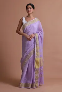 Light Purple Color Cotton Linen Saree With Unstitched Blouse image 3