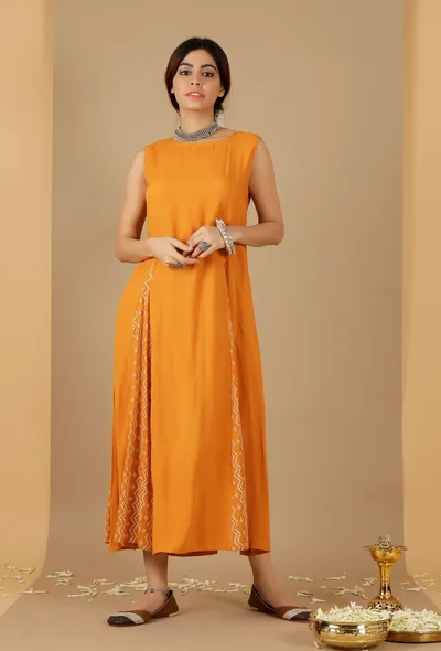 Mustard Plain & Bandhani Flared Dress