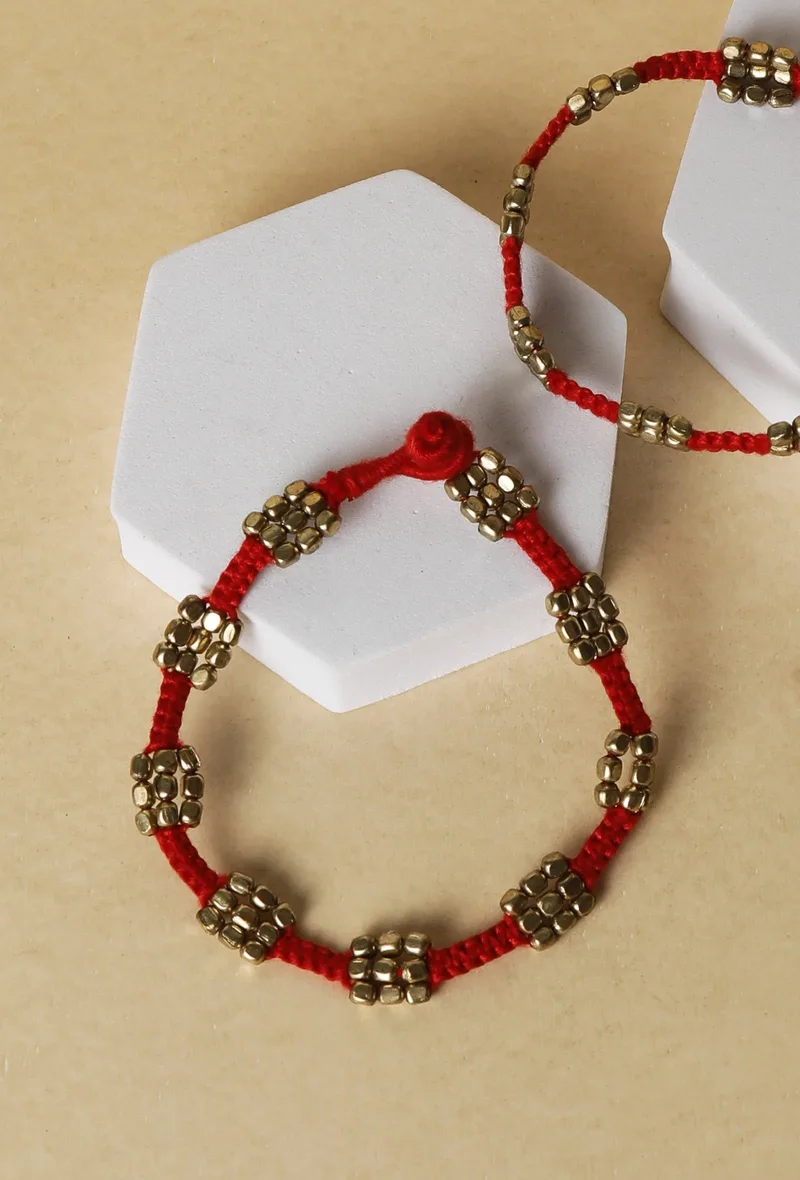 Set Of 2- Fariha Red Thread German Silver Anklets