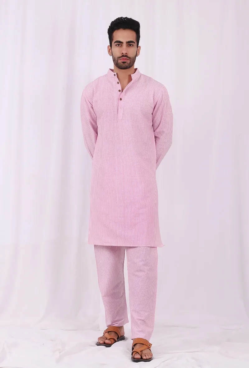 Set of 2: Pink Striped Cotton Kurta and Pajama