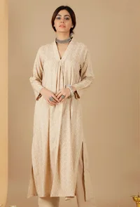 Beige Bandhani Gathered Kurta With Pockets image 1