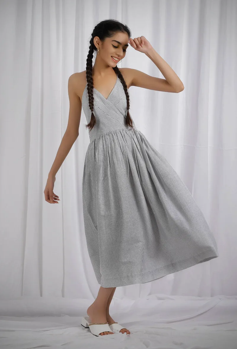 Black Cotton Striped Overlapped Flared Dress