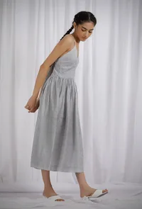 Black Cotton Striped Overlapped Flared Dress image 2