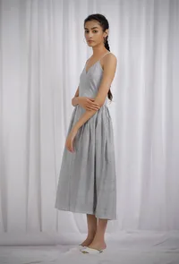 Black Cotton Striped Overlapped Flared Dress image 3