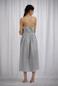 Black Cotton Striped Overlapped Flared Dress image 4