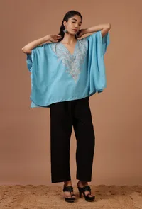 Sky Blue Cotton Crush Ari Embroidered Kaftan- Free Size image 1