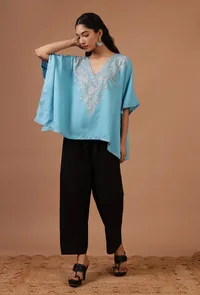 Sky Blue Cotton Crush Ari Embroidered Kaftan- Free Size image 2