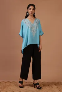 Sky Blue Cotton Crush Ari Embroidered Kaftan- Free Size image 3