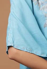 Sky Blue Cotton Crush Ari Embroidered Kaftan- Free Size image 6