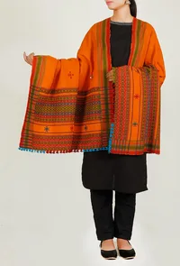 Orange Kala Cotton Bhujodi Handspun Shawl With Striped Border image 1