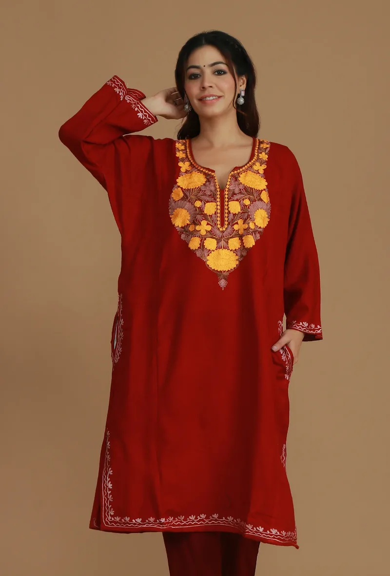 Maroon Phiran with Mustard Yellow Aari Embroidery- Free Size
