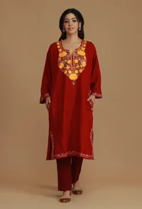 Maroon Phiran with Mustard Yellow Aari Embroidery- Free Size image 2