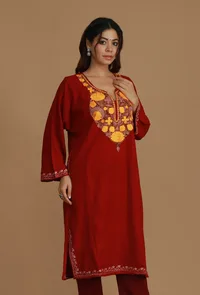 Maroon Phiran with Mustard Yellow Aari Embroidery- Free Size image 4