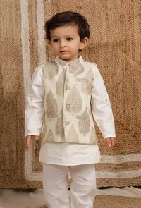 White Cream Brocade Nehru Jacket image 1
