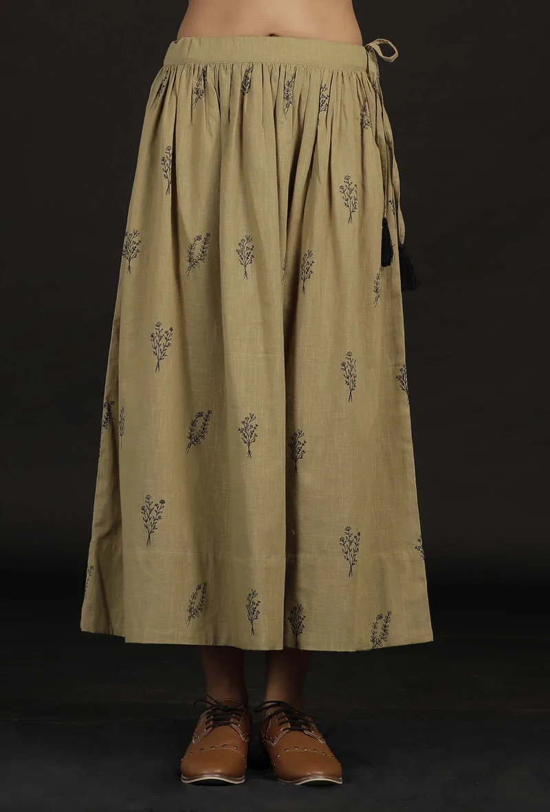 Okra Beige Handblock Floral Tassel Skirt
