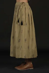 Okra Beige Handblock Floral Tassel Skirt image 2