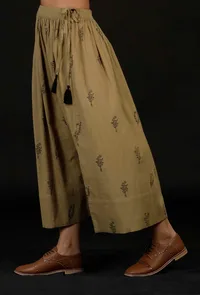 Okra Beige Handblock Floral Tassel Skirt image 3
