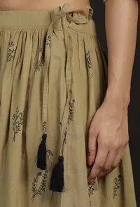 Okra Beige Handblock Floral Tassel Skirt image 6