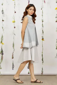 Set of 2: Grey Cotton Khadi Straight Asymmetrical Dress with Powder Blue Flared Shrug image 2