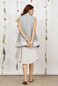 Set of 2: Grey Cotton Khadi Straight Asymmetrical Dress with Powder Blue Flared Shrug image 4