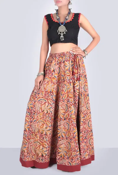 Printed Maroon Kalamkari Kalidar skirt with tassels