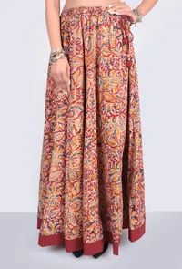Printed Maroon Kalamkari Kalidar skirt with tassels image 2