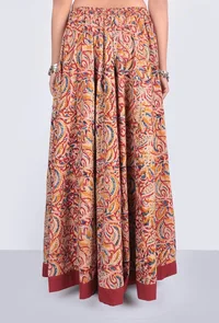 Printed Maroon Kalamkari Kalidar skirt with tassels image 3