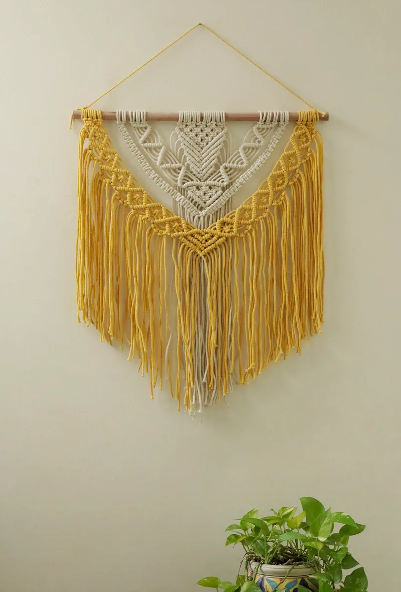Yellow and White Swirl Macrame Wall Hanging