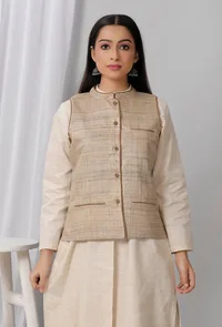 Brown Cotton Khadi Nehru jacket image 1