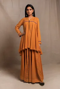 Set of 2: Mustard Yellow Hand Block Printed Kalidar Long Skirt with Mustard Yellow Front Open Asymmetrical Top image 1