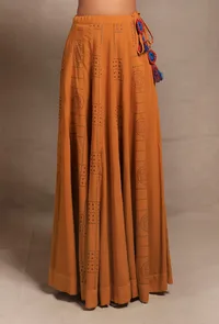 Set of 2: Mustard Yellow Hand Block Printed Kalidar Long Skirt with Mustard Yellow Front Open Asymmetrical Top image 4