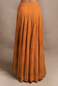 Set of 2: Mustard Yellow Hand Block Printed Kalidar Long Skirt with Mustard Yellow Front Open Asymmetrical Top image 5