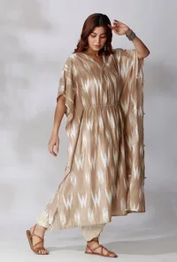 Beige Ikkat Side Tie Up Kaftan Kurta image 2